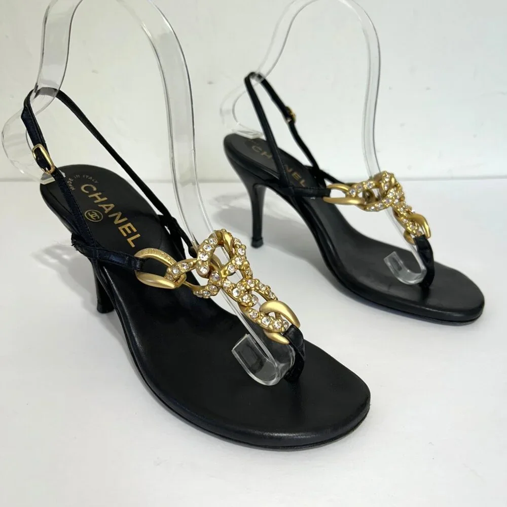 Chanel Sz 36 Black Leather Slingback Heels With Gold Chain Rhinestone Detail
